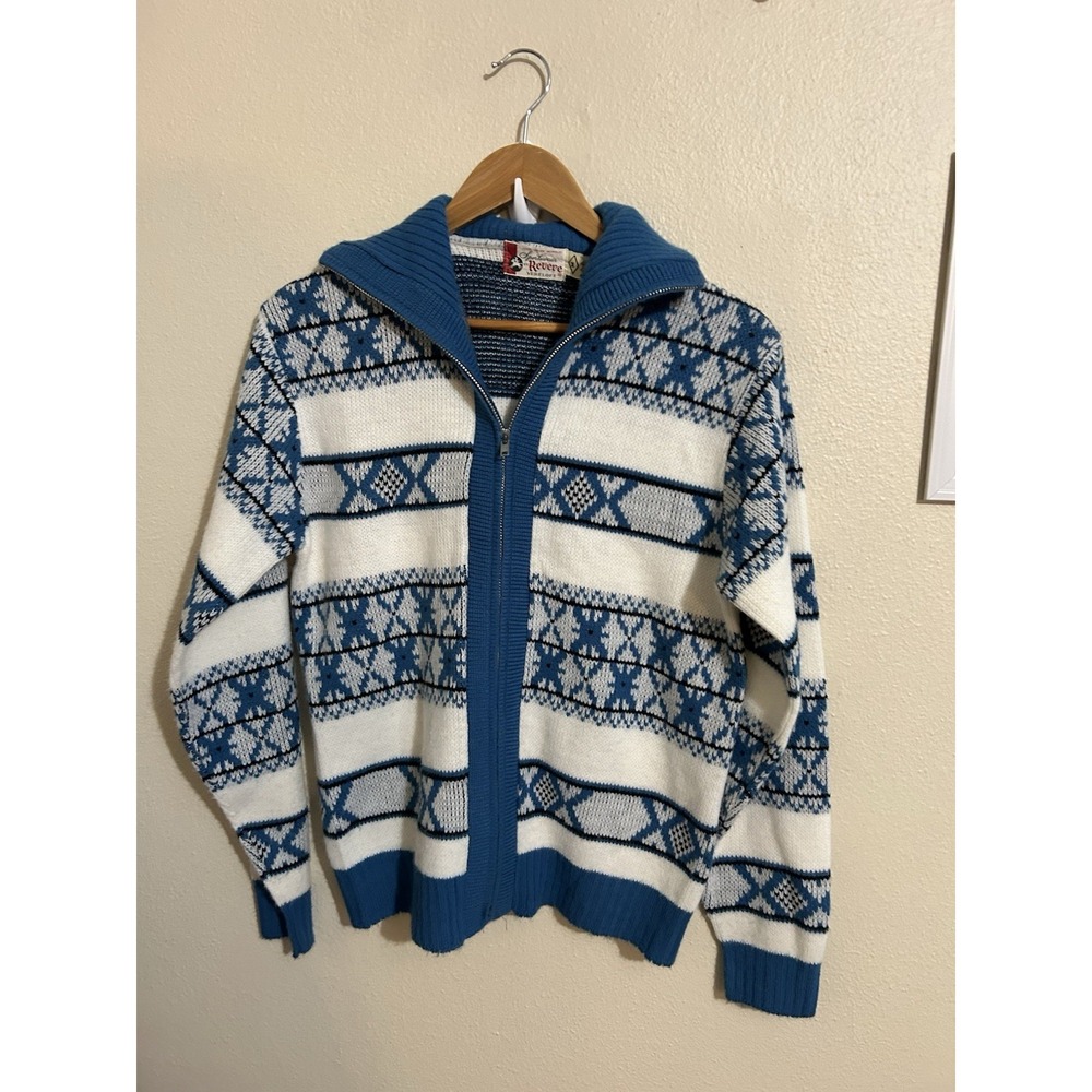Vintage 60s Revere Vereloft Nordic Fair Isle Full Zip Ski Sweater Orlon Acrylic